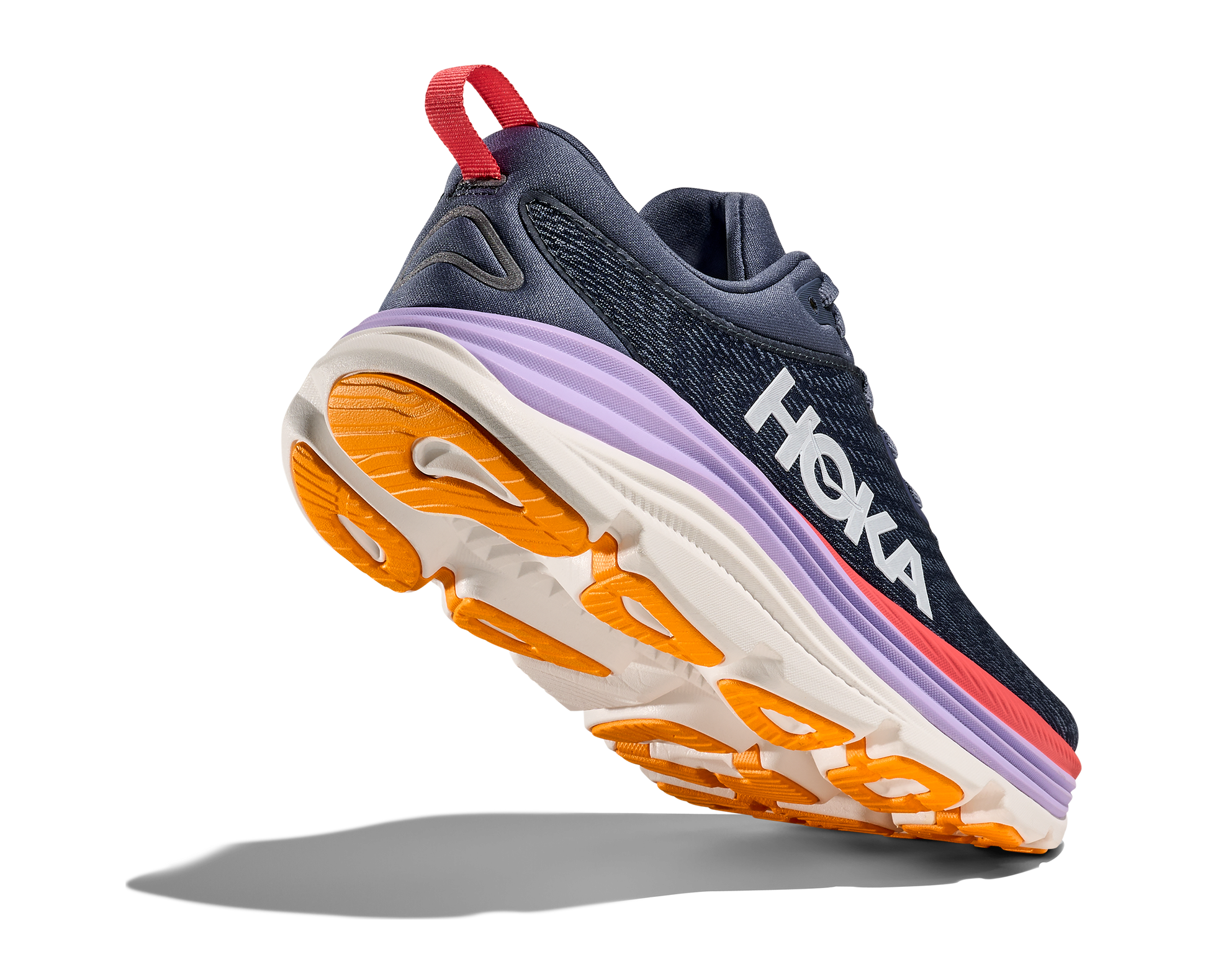 Hoka Gaviota 5 W, skomodell till dam. Denna modell är rymlig i passformen jämfört med andra Hoka skor. Här har ni Hokas stabilaste sko med pronationsstöd. Mörkblå färg i grunden med detaljer i lila, rött och orange. Perfekt för löpningen eller arbetspasset där du behöver mycket dämpning. 